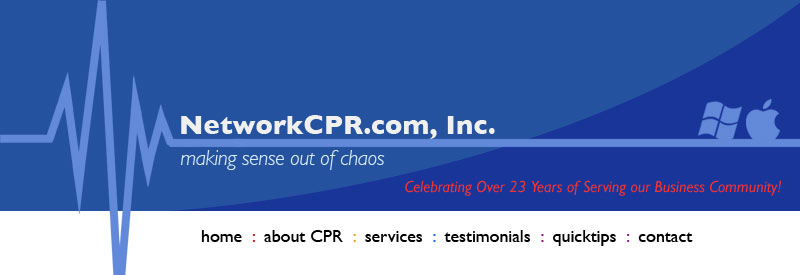 NetworkCPR.com, Inc. is a technology management company that offers high quality computer service, intelligent infrastructure consulting and intuitive web design. Our motto is our promise: we are committed to making sense out of chaos.